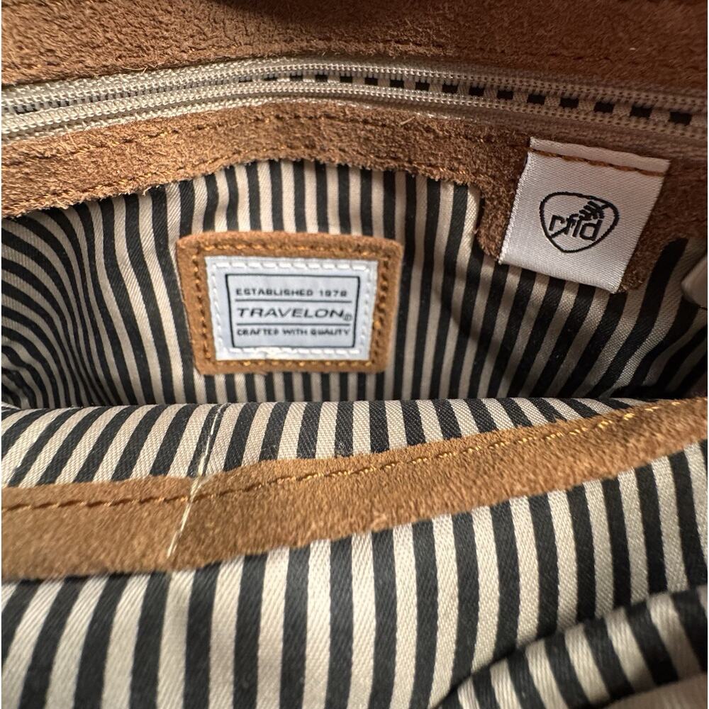TRAVELON Brown Canvas & Tan Suede Crossbody Shoulder Bag Pockets - Picture 8 of 12